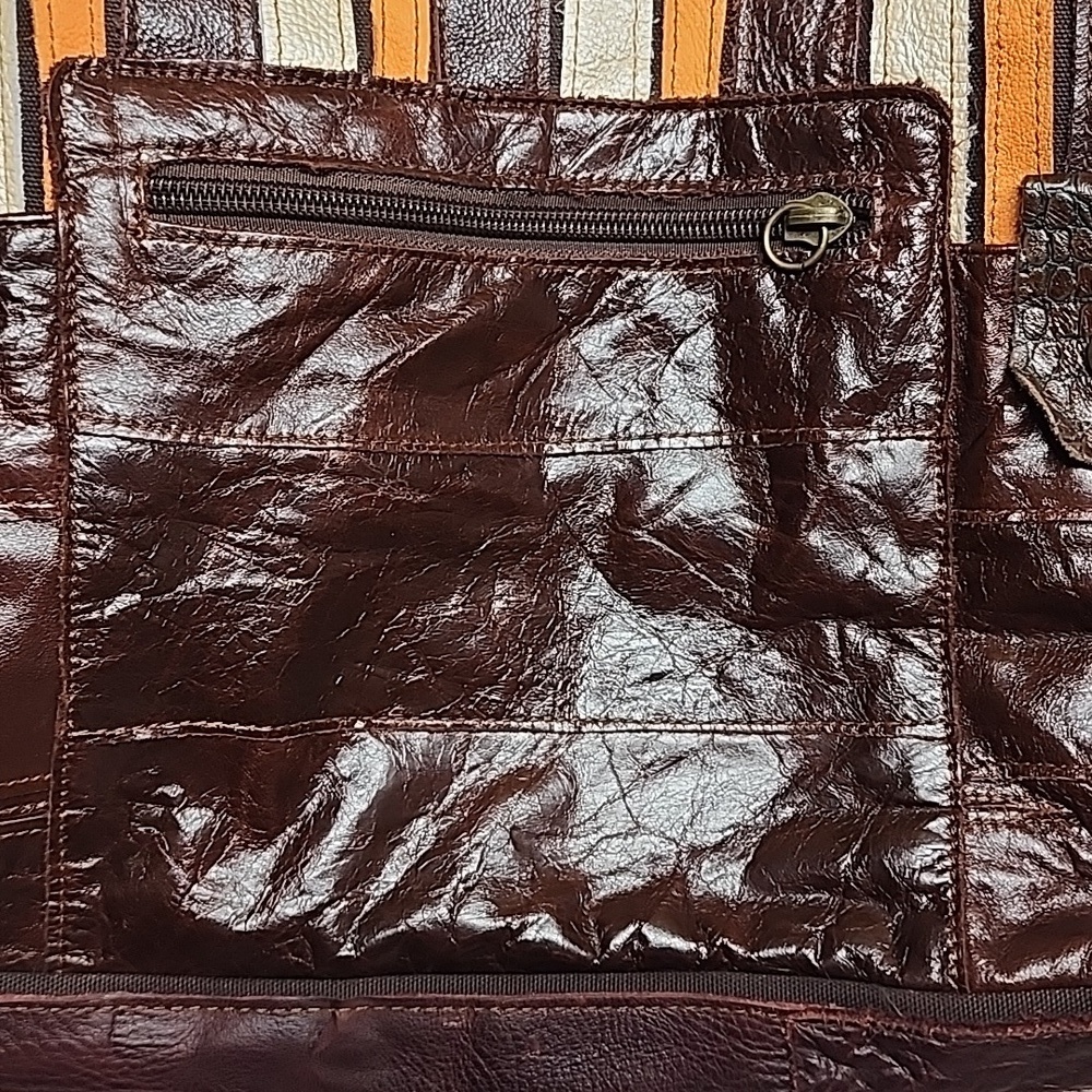 De. De Vintage Striped Brown and Orange Leather Women's XL Tote Bag - Picture 2 of 15